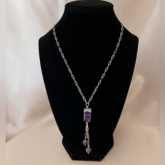 Banded Amethyst Gemstone Lariat Necklace 14k Gold Filled. - Picture 5 of 5